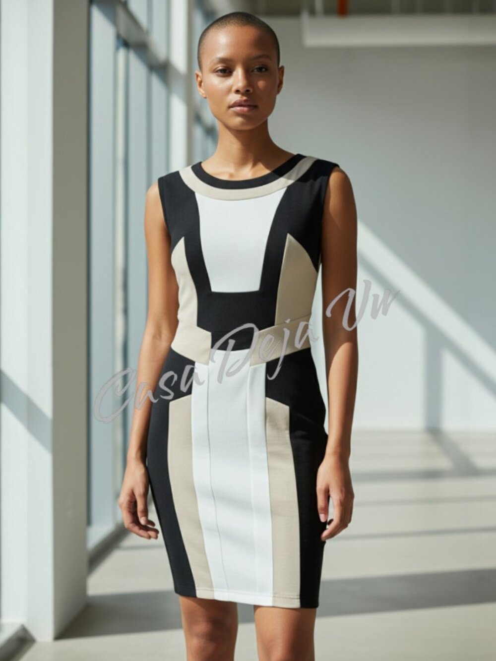 Striking Geometric Color Block Fitted Contempory Sleeveless Midi Dress